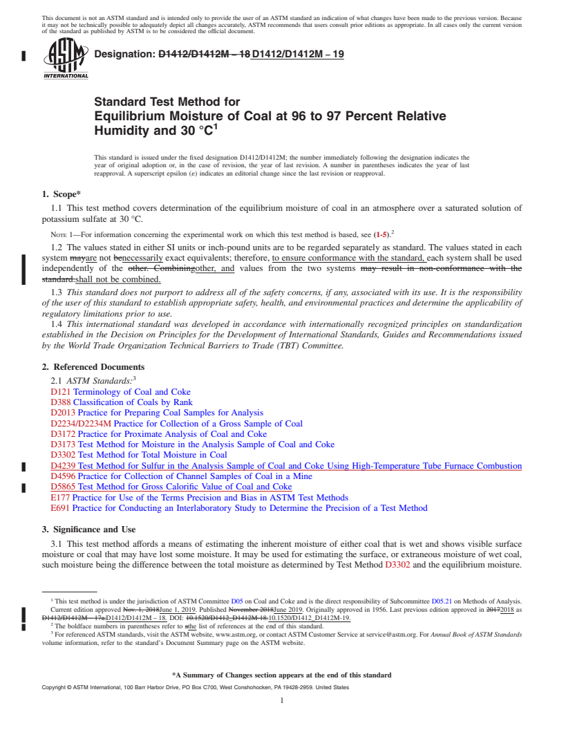 REDLINE ASTM D1412/D1412M-19 - Standard Test Method for  Equilibrium Moisture of Coal at 96 to 97 Percent Relative Humidity  and 30&#x2009;&#xb0;C