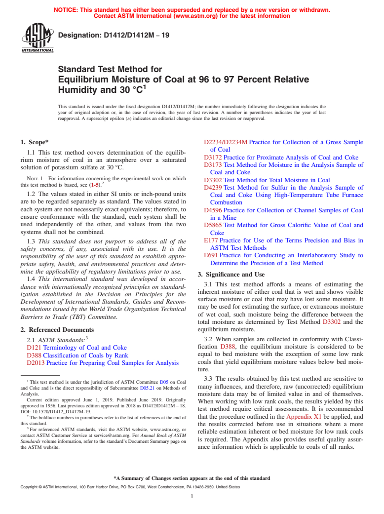 ASTM D1412/D1412M-19 - Standard Test Method for  Equilibrium Moisture of Coal at 96 to 97 Percent Relative Humidity  and 30&#x2009;&#xb0;C