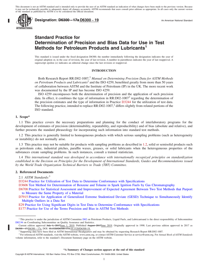 REDLINE ASTM D6300-19 - Standard Practice for  Determination of Precision and Bias Data for Use in Test Methods   for Petroleum Products and Lubricants