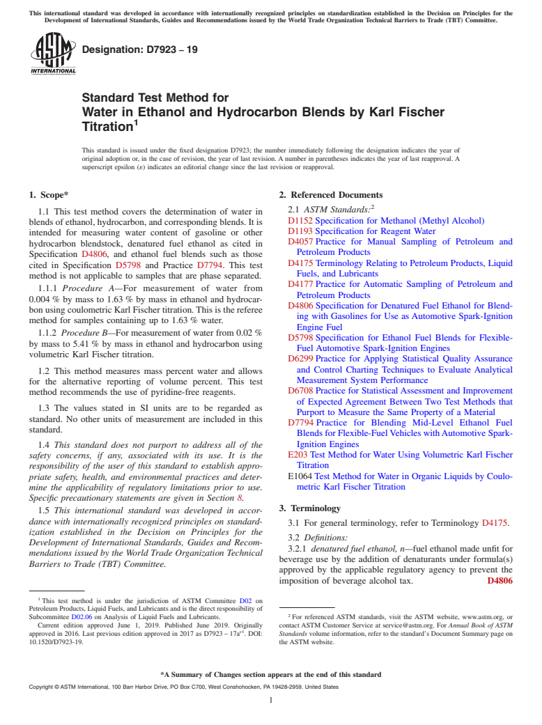 ASTM D7923-19 - Standard Test Method for Water in Ethanol and Hydrocarbon Blends by Karl Fischer Titration