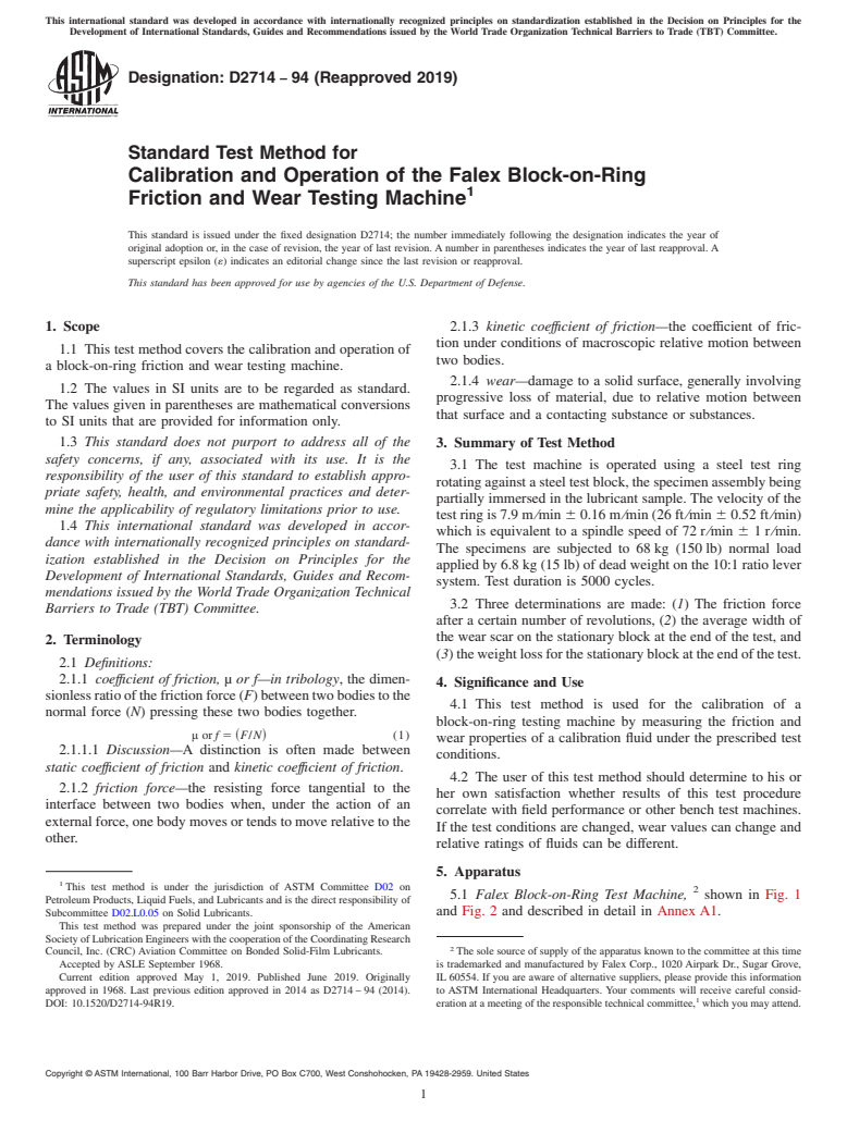 ASTM D2714-94(2019) - Standard Test Method for  Calibration and Operation of the Falex Block-on-Ring Friction   and Wear Testing Machine