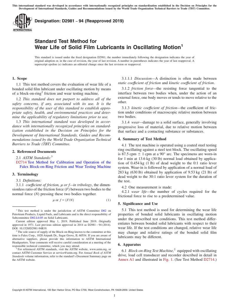 ASTM D2981-94(2019) - Standard Test Method for  Wear Life of Solid Film Lubricants in Oscillating Motion