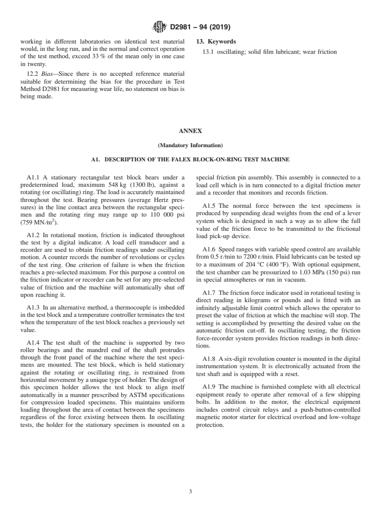 ASTM D2981-94(2019) - Standard Test Method for  Wear Life of Solid Film Lubricants in Oscillating Motion