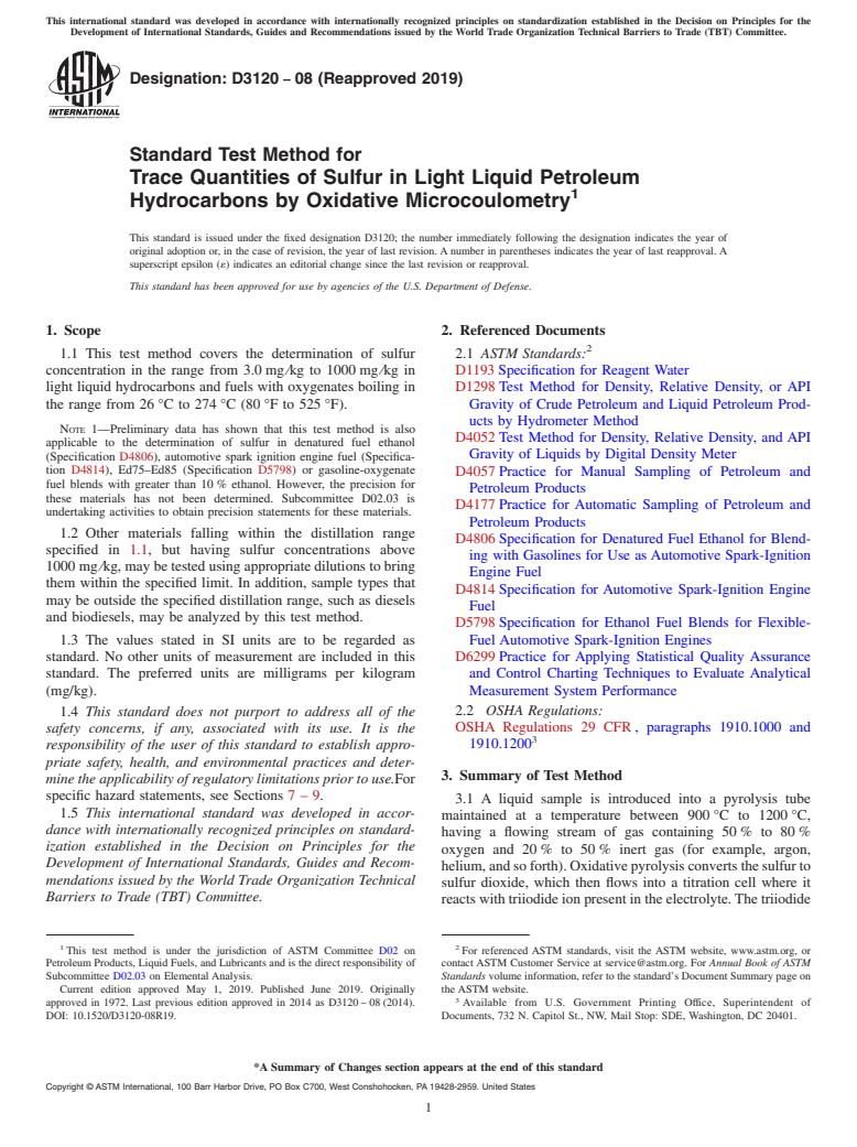 ASTM D3120-08(2019) - Standard Test Method for  Trace Quantities of Sulfur in Light Liquid Petroleum Hydrocarbons  by Oxidative Microcoulometry