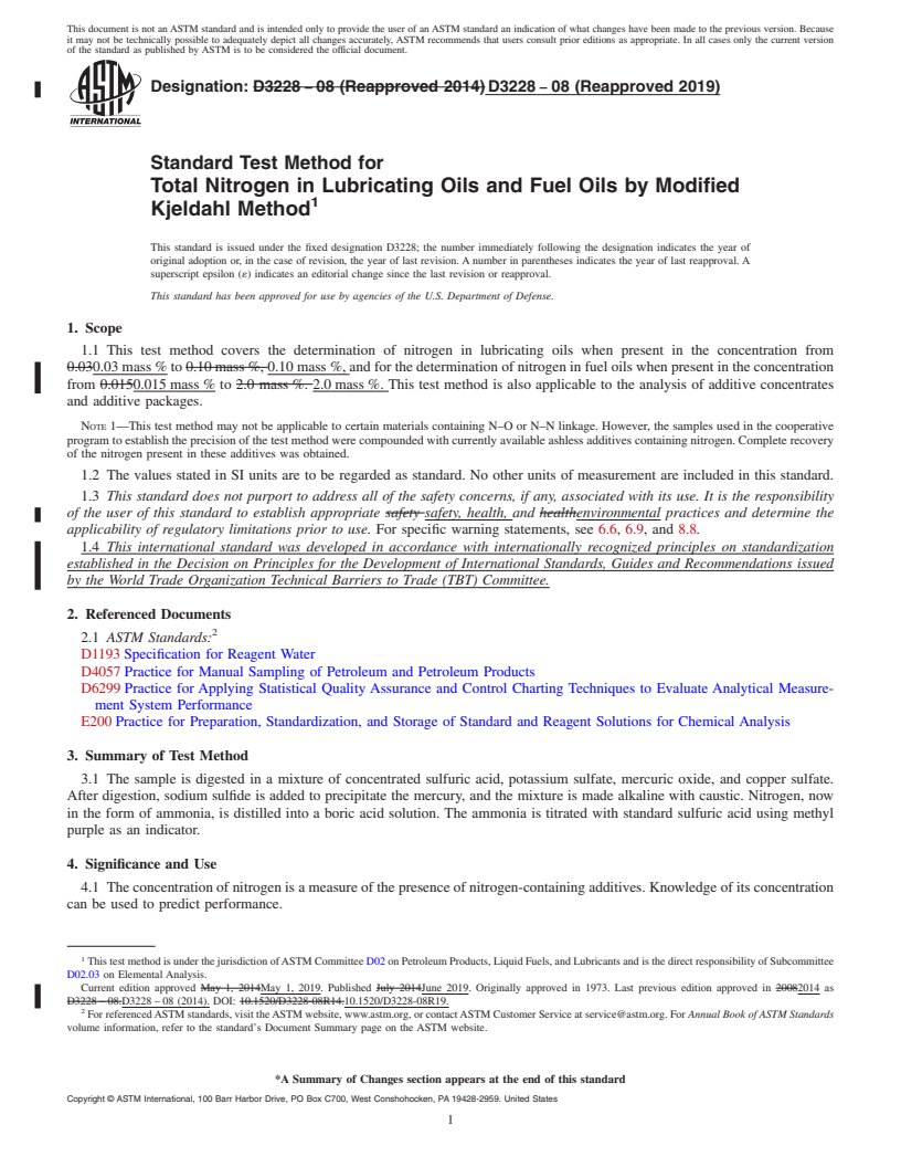 REDLINE ASTM D3228-08(2019) - Standard Test Method for  Total Nitrogen in Lubricating Oils and Fuel Oils by Modified  Kjeldahl Method