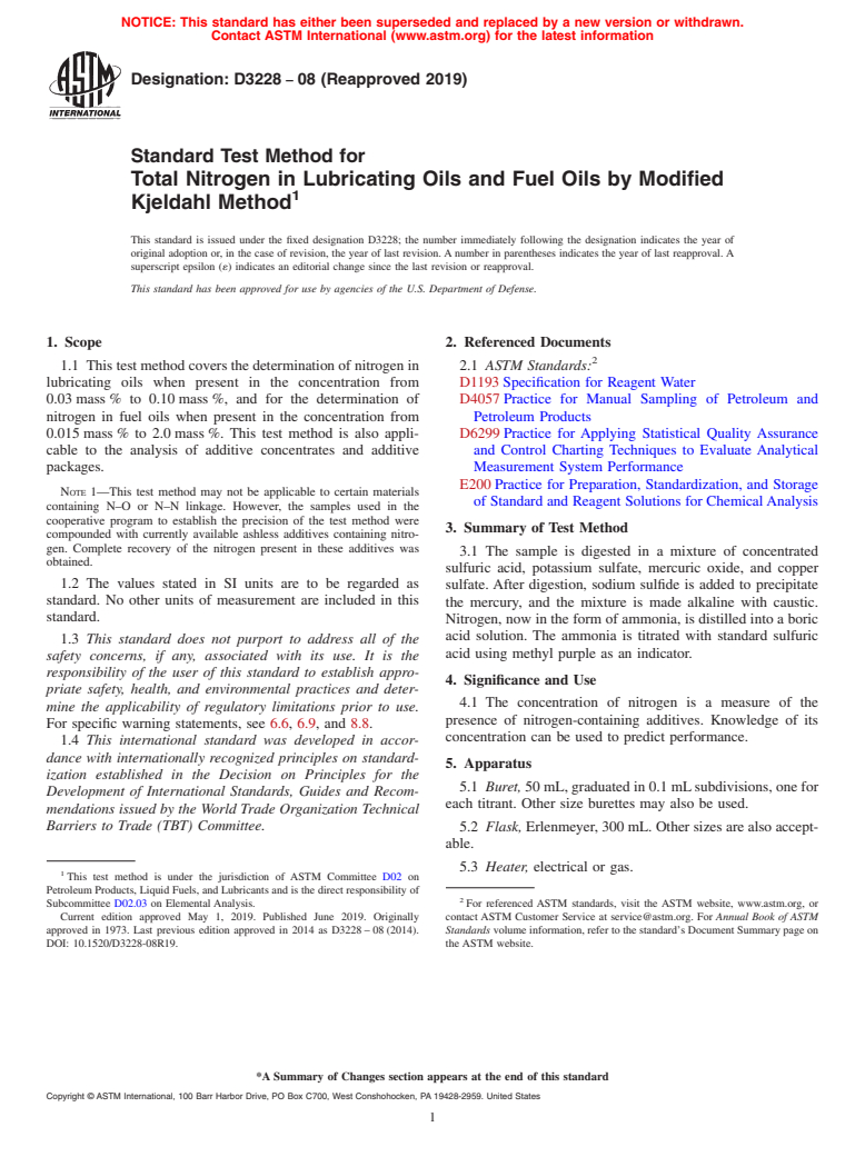 ASTM D3228-08(2019) - Standard Test Method for  Total Nitrogen in Lubricating Oils and Fuel Oils by Modified  Kjeldahl Method