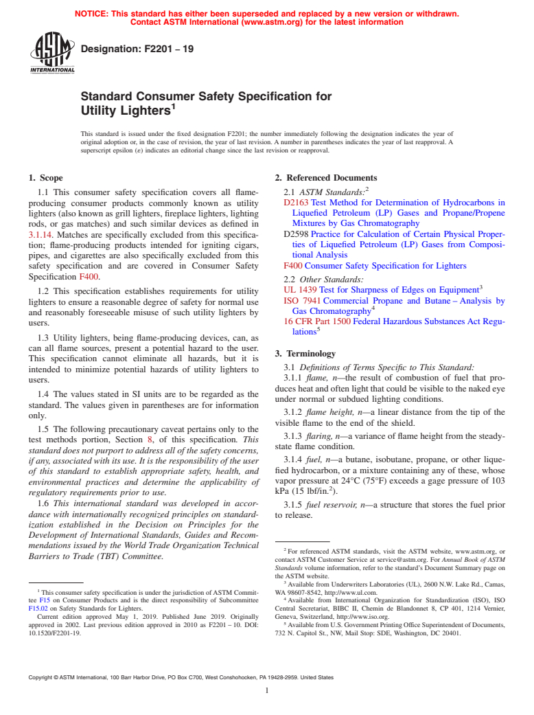 ASTM F2201-19 - Standard Consumer Safety Specification for Utility Lighters