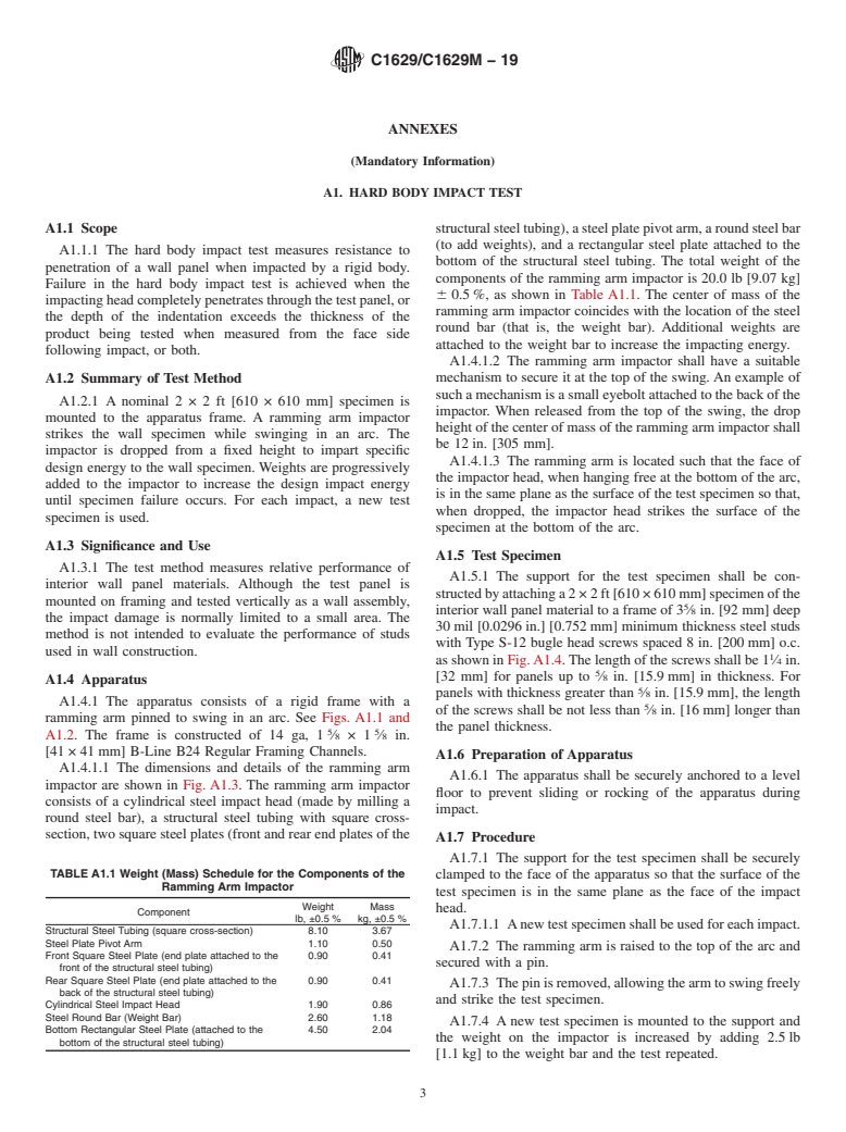 ASTM C1629/C1629M-19 - Standard Classification for  Abuse-Resistant Nondecorated Interior Gypsum Panel Products  and Fiber-Reinforced Cement Panels