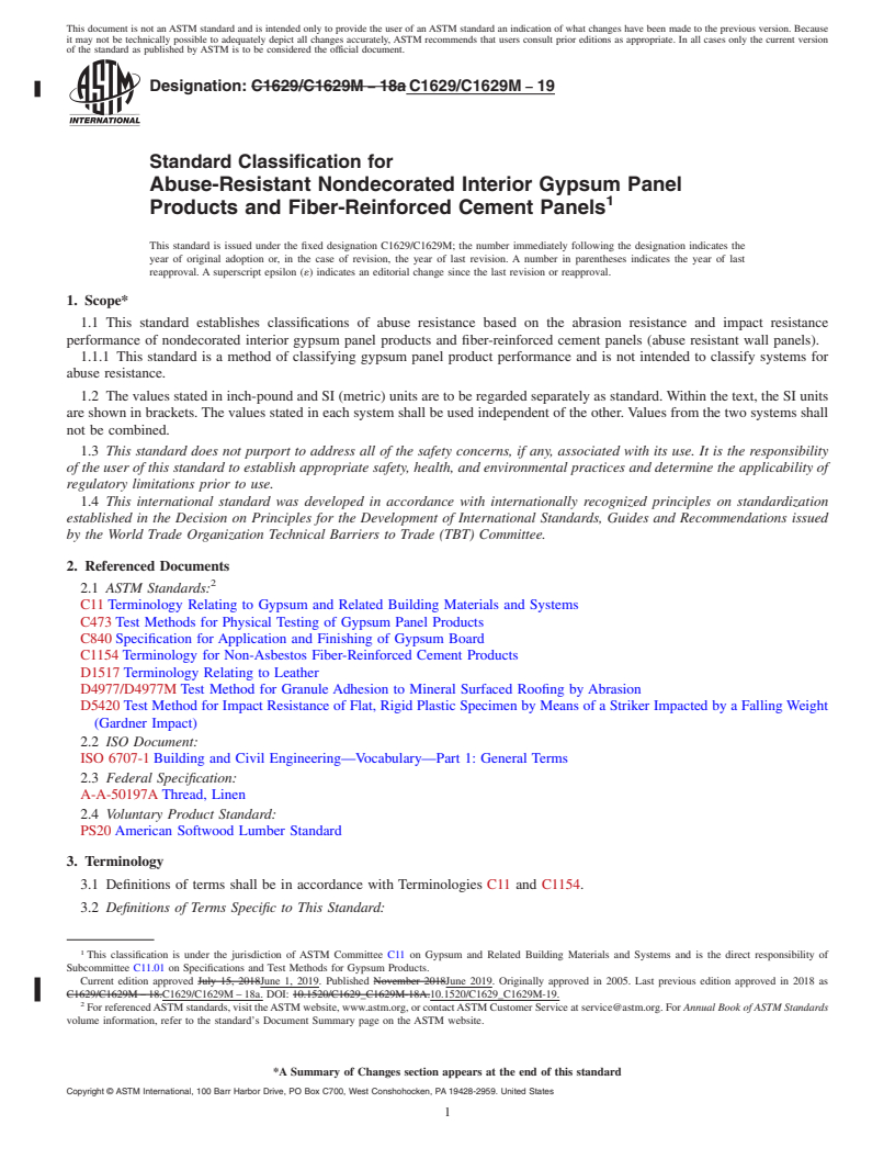 REDLINE ASTM C1629/C1629M-19 - Standard Classification for  Abuse-Resistant Nondecorated Interior Gypsum Panel Products  and Fiber-Reinforced Cement Panels