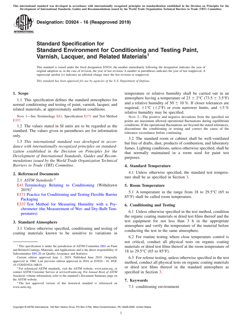 ASTM D3924-16(2019) - Standard Specification for Standard Environment for Conditioning and Testing Paint, Varnish,   Lacquer,  and Related Materials