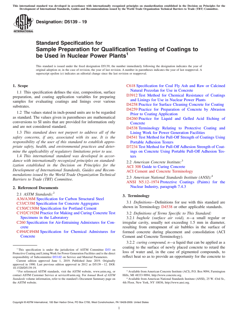 ASTM D5139-19 - Standard Specification for Sample Preparation for Qualification Testing of Coatings to   be Used in Nuclear Power Plants