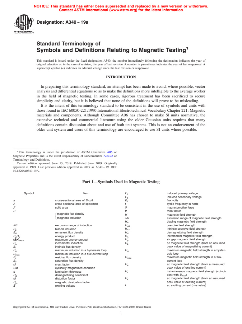 ASTM A340-19a - Standard Terminology of Symbols and Definitions Relating to Magnetic Testing