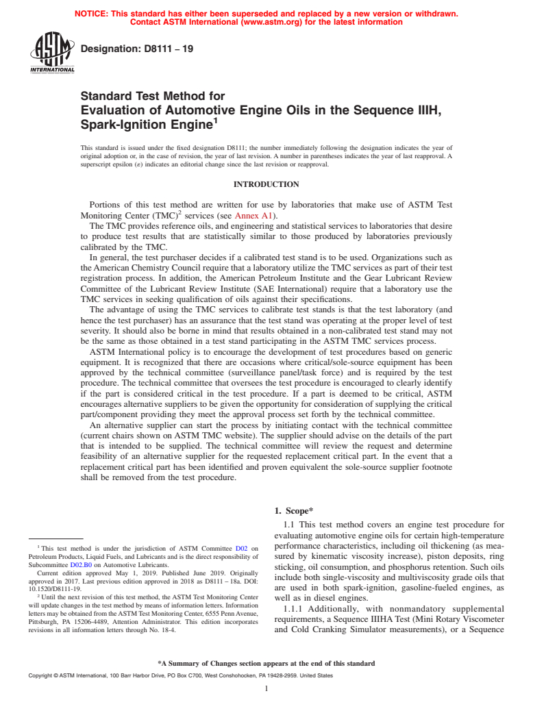 ASTM D8111-19 - Standard Test Method for Evaluation of Automotive Engine Oils in the Sequence IIIH,  Spark-Ignition Engine