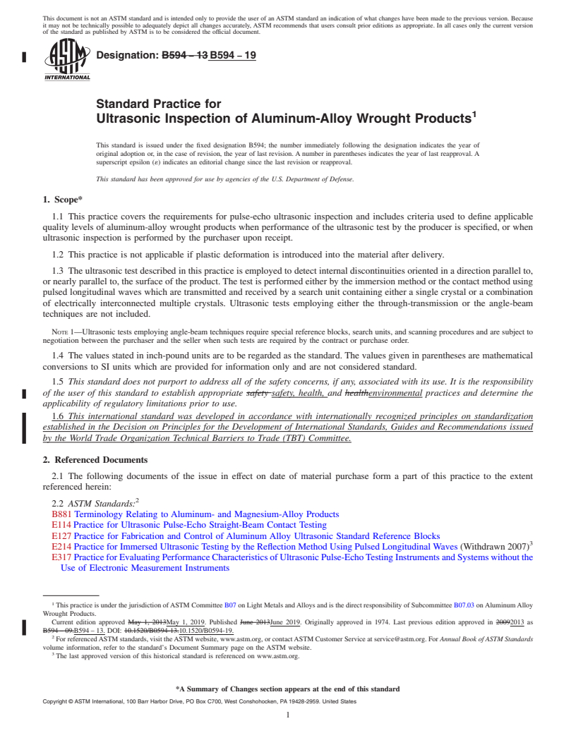 REDLINE ASTM B594-19 - Standard Practice for  Ultrasonic Inspection of Aluminum-Alloy Wrought Products