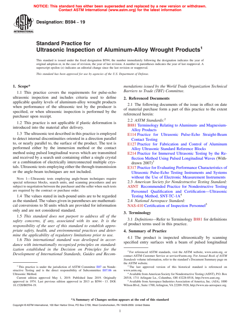 ASTM B594-19 - Standard Practice for  Ultrasonic Inspection of Aluminum-Alloy Wrought Products