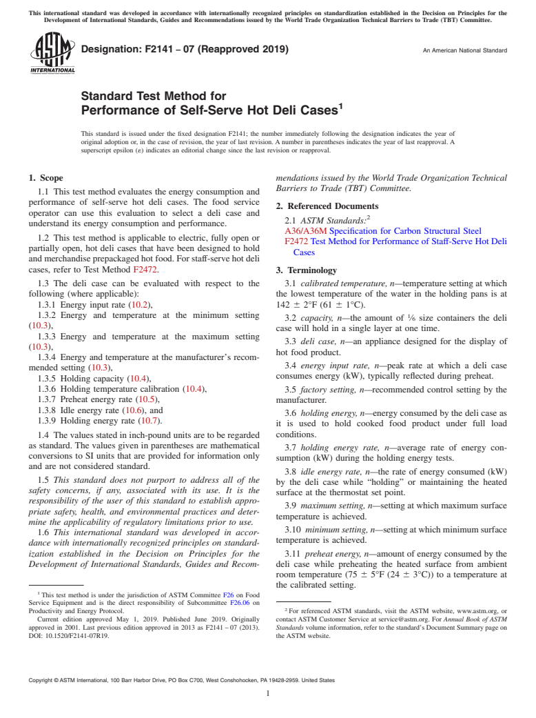 ASTM F2141-07(2019) - Standard Test Method for  Performance of Self-Serve Hot Deli Cases