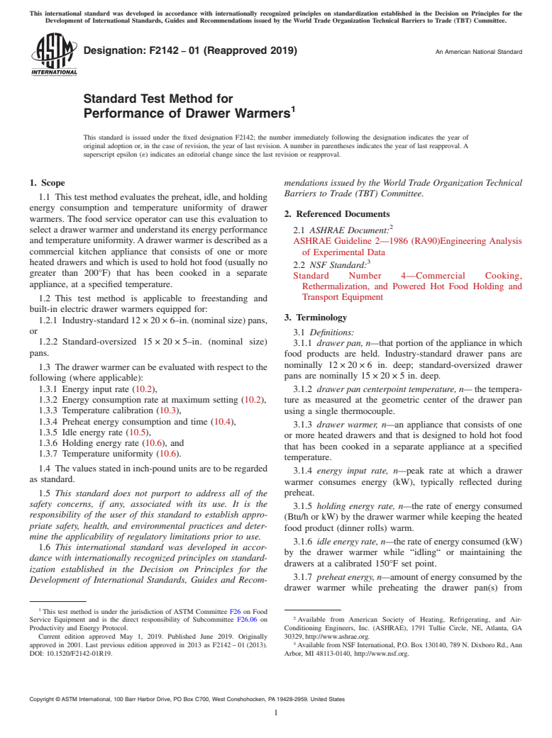 ASTM F2142-01(2019) - Standard Test Method for  Performance of Drawer Warmers