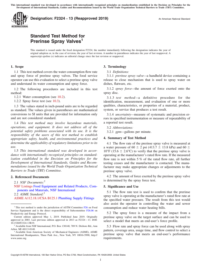 ASTM F2324-13(2019) - Standard Test Method for  Prerinse Spray Valves