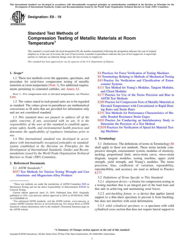 ASTM E9-19 - Standard Test Methods of Compression Testing of Metallic Materials at Room Temperature