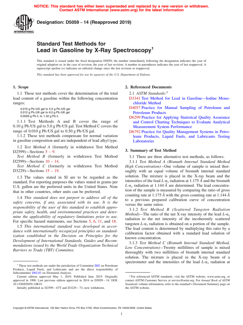 ASTM D5059-14(2019) - Standard Test Methods for Lead in Gasoline by X-Ray Spectroscopy