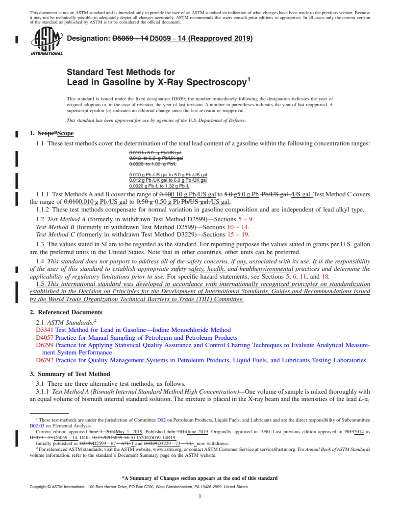 REDLINE ASTM D5059-14(2019) - Standard Test Methods for Lead in Gasoline by X-Ray Spectroscopy