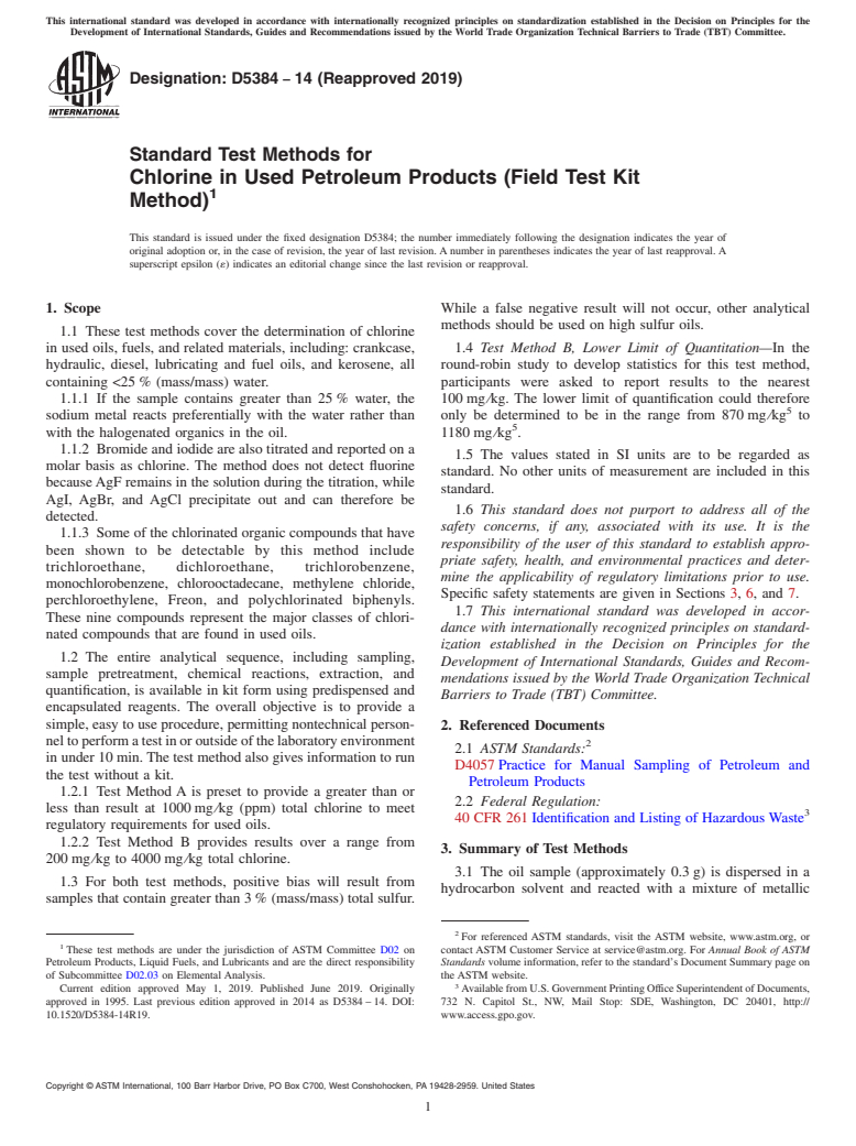 ASTM D5384-14(2019) - Standard Test Methods for  Chlorine in Used Petroleum Products (Field Test Kit Method)