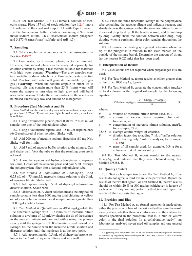 ASTM D5384-14(2019) - Standard Test Methods for  Chlorine in Used Petroleum Products (Field Test Kit Method)