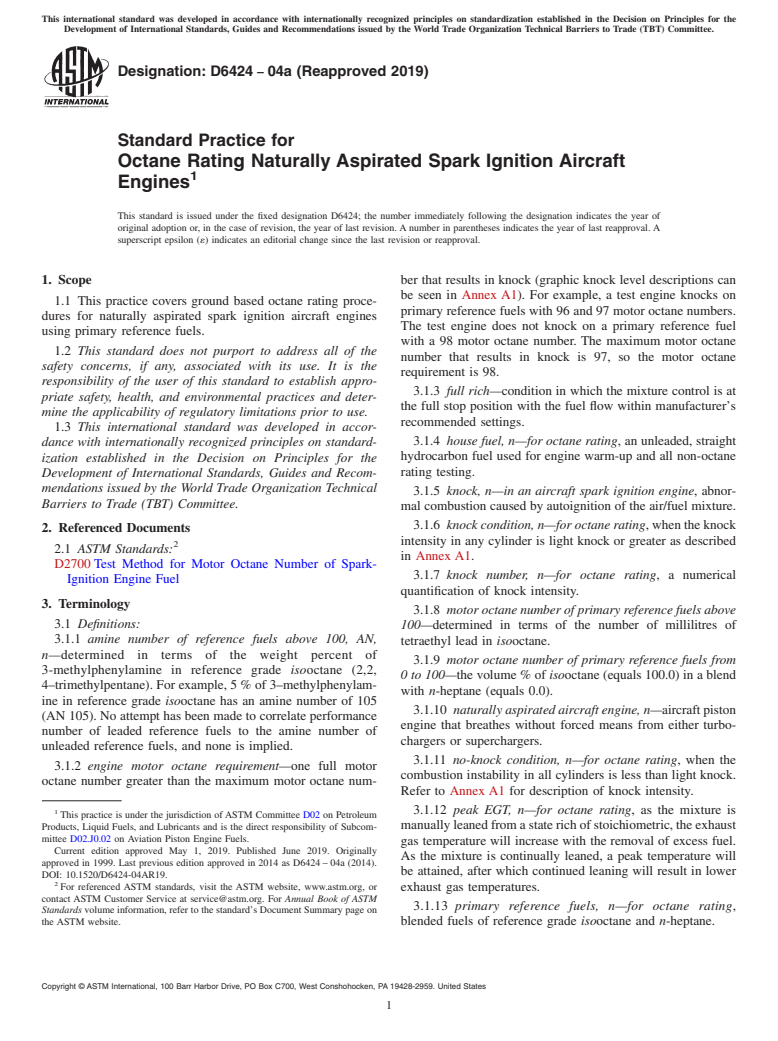 ASTM D6424-04a(2019) - Standard Practice for  Octane Rating Naturally Aspirated Spark Ignition Aircraft Engines