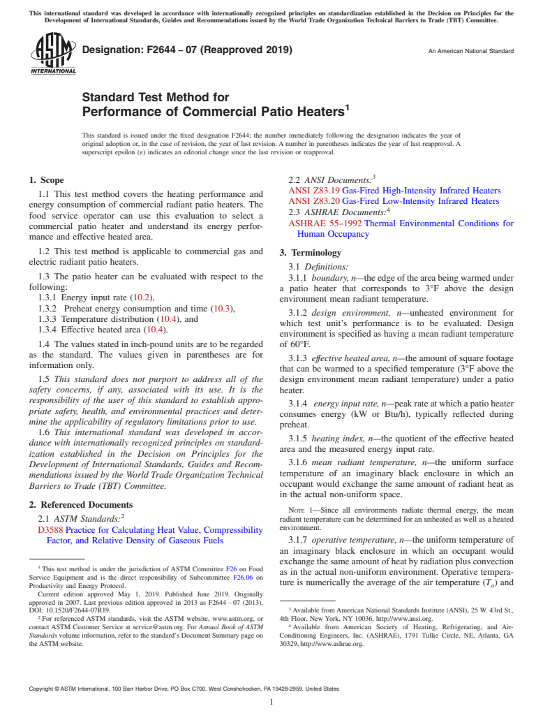 ASTM F2644-07(2019) - Standard Test Method for Performance of Commercial Patio Heaters