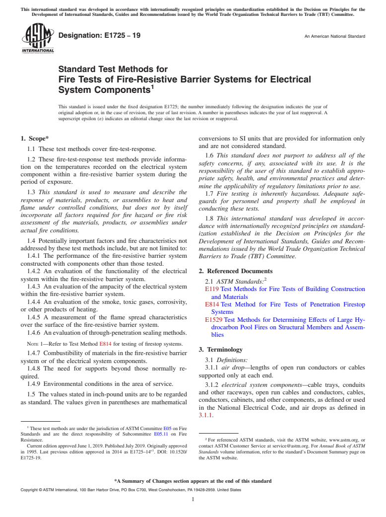 ASTM E1725-19 - Standard Test Methods for  Fire Tests of Fire-Resistive Barrier Systems for Electrical  System Components