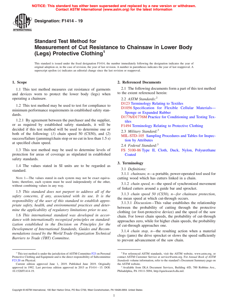 ASTM F1414-19 - Standard Test Method for Measurement of Cut Resistance to Chainsaw in Lower Body (Legs)  Protective Clothing