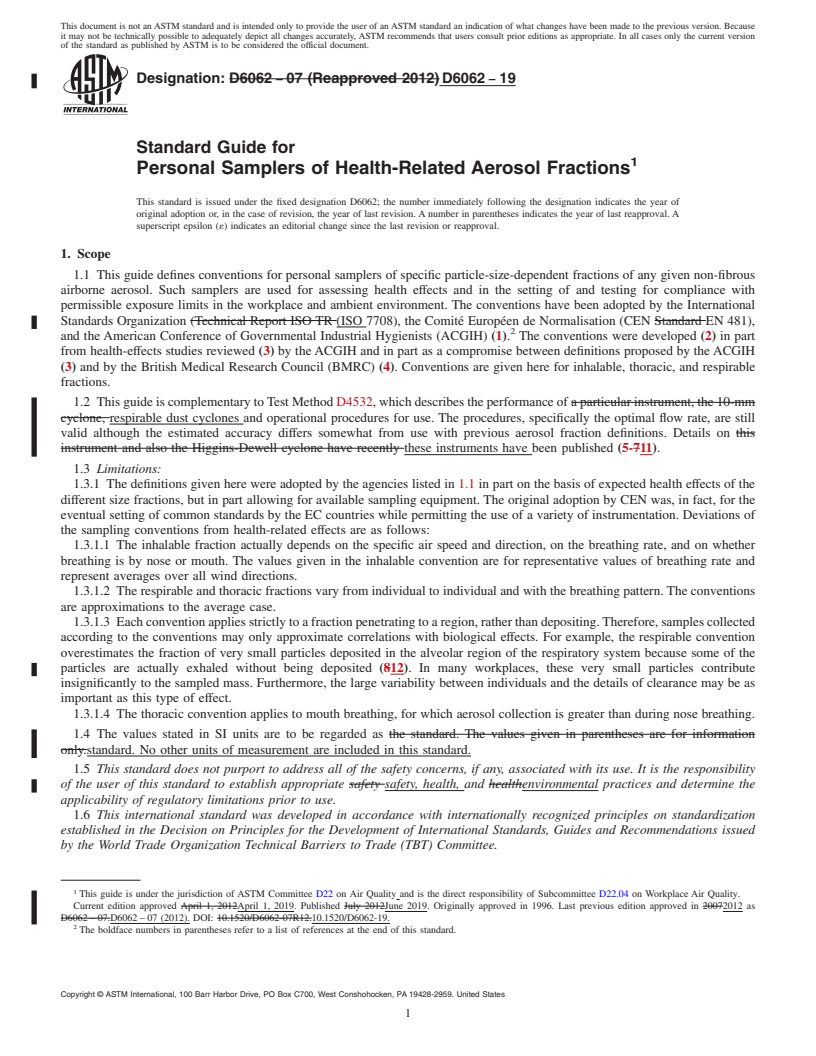 REDLINE ASTM D6062-19 - Standard Guide for  Personal Samplers of Health-Related Aerosol Fractions