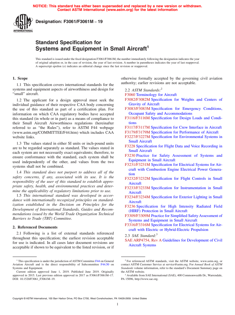 ASTM F3061/F3061M-19 - Standard Specification for Systems and Equipment in Small Aircraft