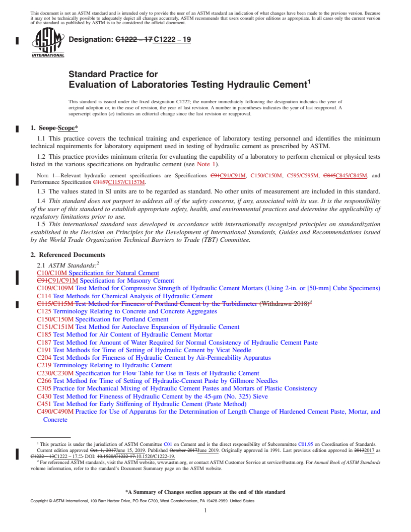 REDLINE ASTM C1222-19 - Standard Practice for  Evaluation of Laboratories Testing Hydraulic Cement