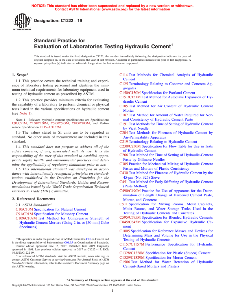 ASTM C1222-19 - Standard Practice for  Evaluation of Laboratories Testing Hydraulic Cement