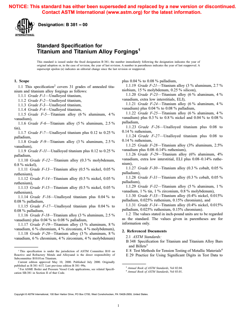 ASTM B381-00 - Standard Specification for Titanium and Titanium Alloy Forgings