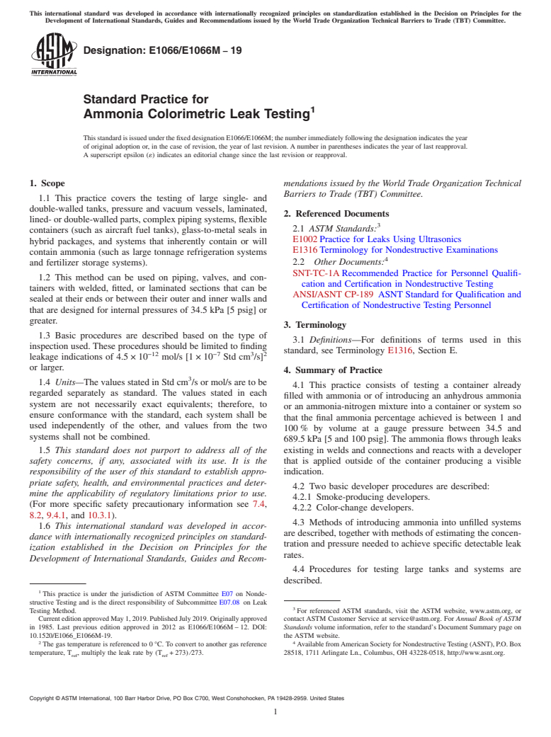 ASTM E1066/E1066M-19 - Standard Practice for  Ammonia Colorimetric Leak Testing