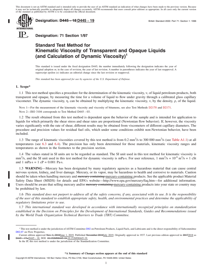 REDLINE ASTM D445-19 - Standard Test Method for  Kinematic Viscosity of Transparent and Opaque Liquids (and  Calculation of Dynamic Viscosity)