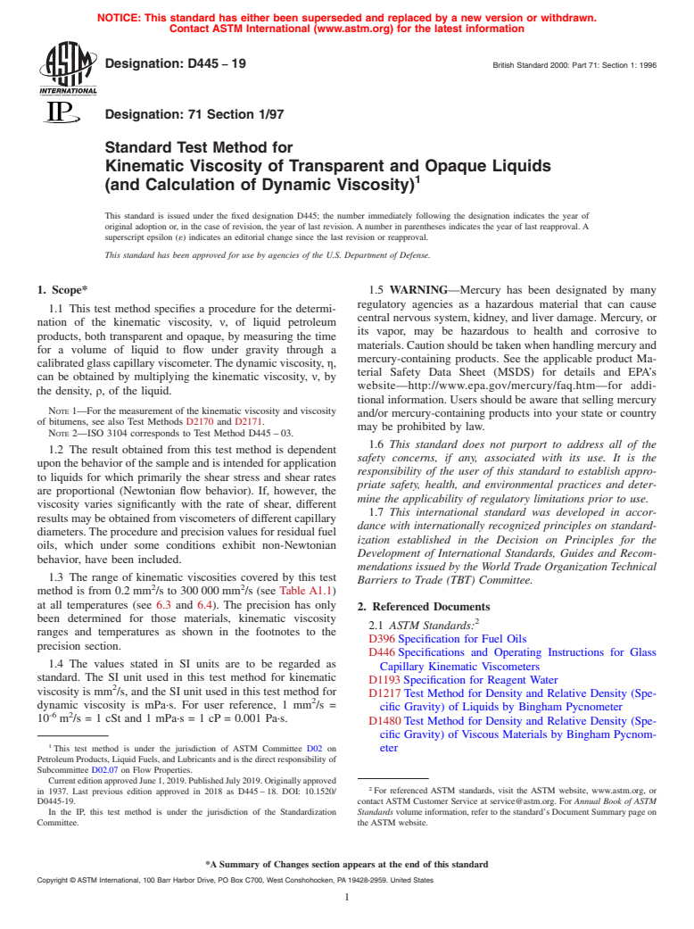 ASTM D445-19 - Standard Test Method for  Kinematic Viscosity of Transparent and Opaque Liquids (and  Calculation of Dynamic Viscosity)