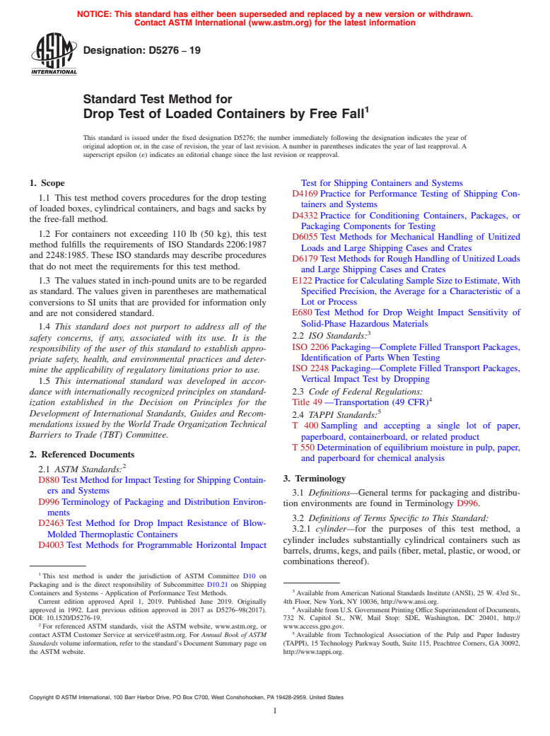 ASTM D5276-19 - Standard Test Method for  Drop Test of Loaded Containers by Free Fall