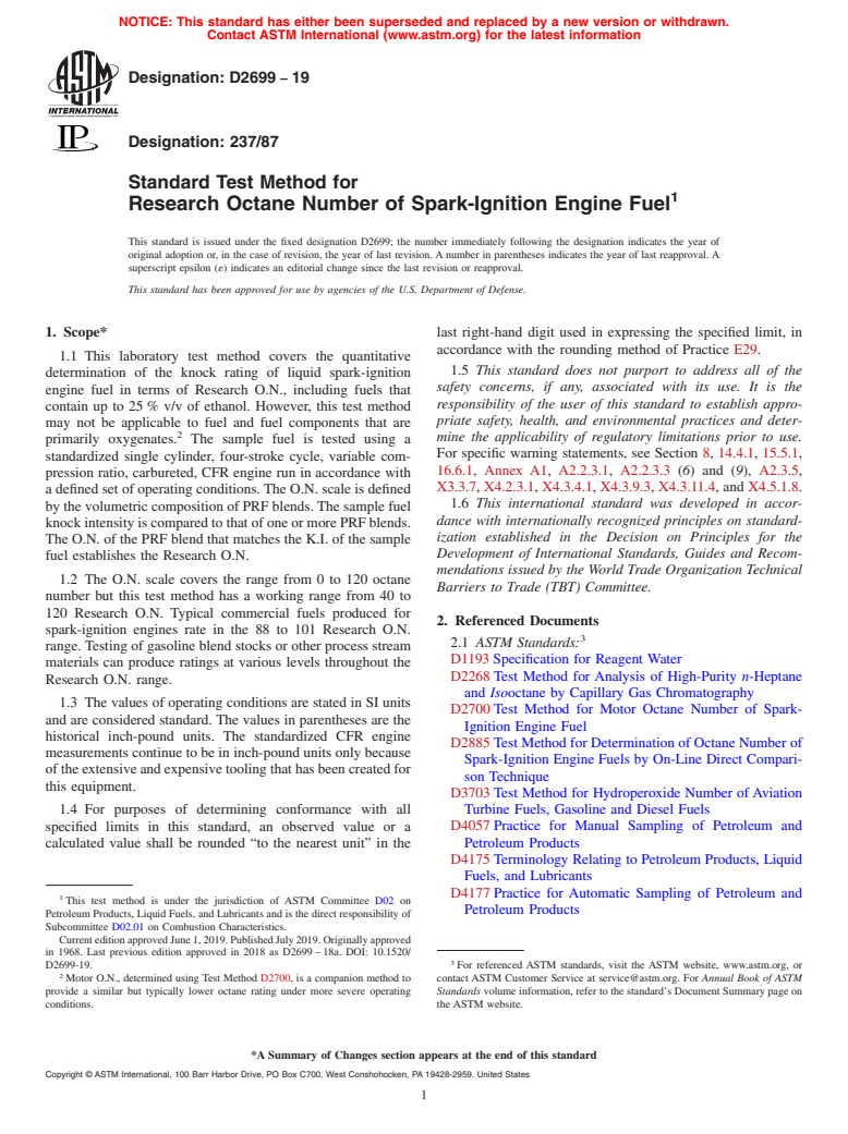 ASTM D2699-19 - Standard Test Method for Research Octane Number of Spark-Ignition Engine Fuel