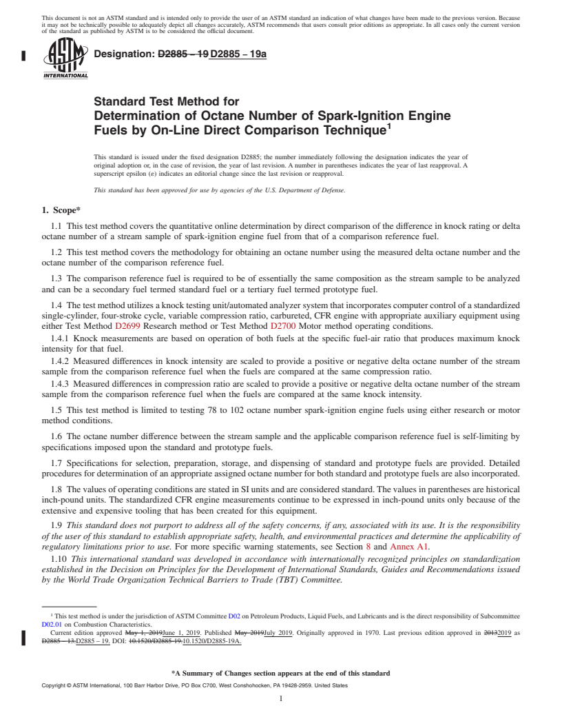 REDLINE ASTM D2885-19a - Standard Test Method for  Determination of Octane Number of Spark-Ignition Engine Fuels  by On-Line Direct Comparison Technique