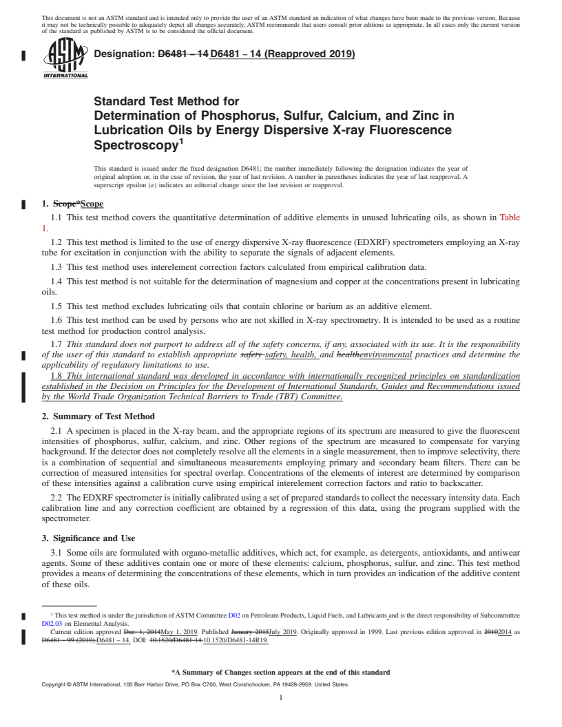 REDLINE ASTM D6481-14(2019) - Standard Test Method for  Determination of Phosphorus, Sulfur, Calcium, and Zinc in Lubrication   Oils by Energy Dispersive X-ray Fluorescence Spectroscopy