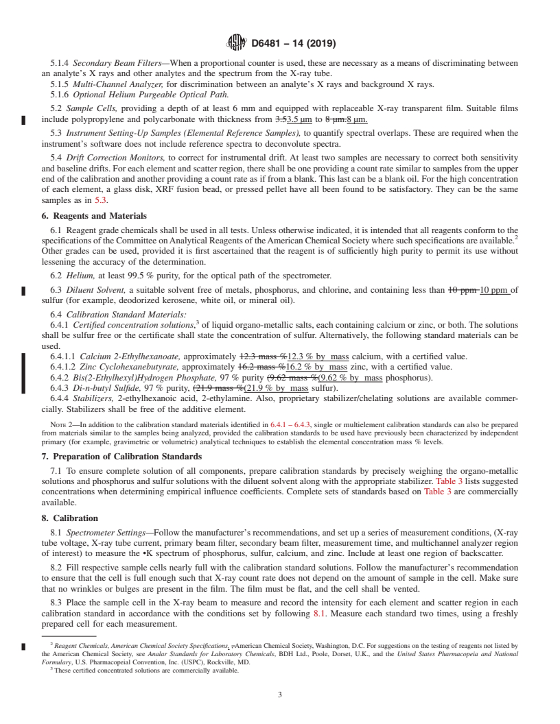 REDLINE ASTM D6481-14(2019) - Standard Test Method for  Determination of Phosphorus, Sulfur, Calcium, and Zinc in Lubrication   Oils by Energy Dispersive X-ray Fluorescence Spectroscopy