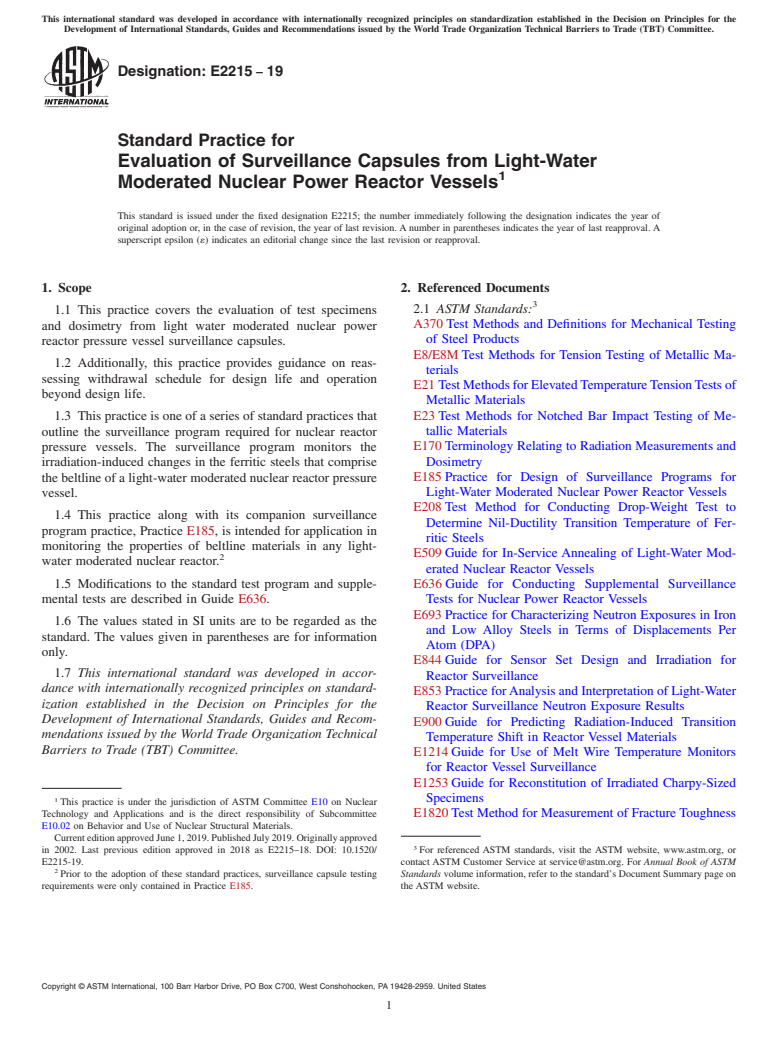 ASTM E2215-19 - Standard Practice for  Evaluation of Surveillance Capsules from Light-Water Moderated  Nuclear Power Reactor Vessels