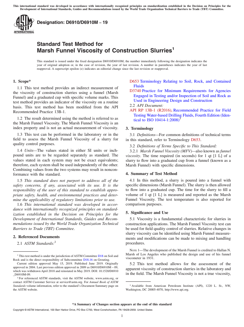 ASTM D6910/D6910M-19 - Standard Test Method for  Marsh Funnel Viscosity of Construction Slurries