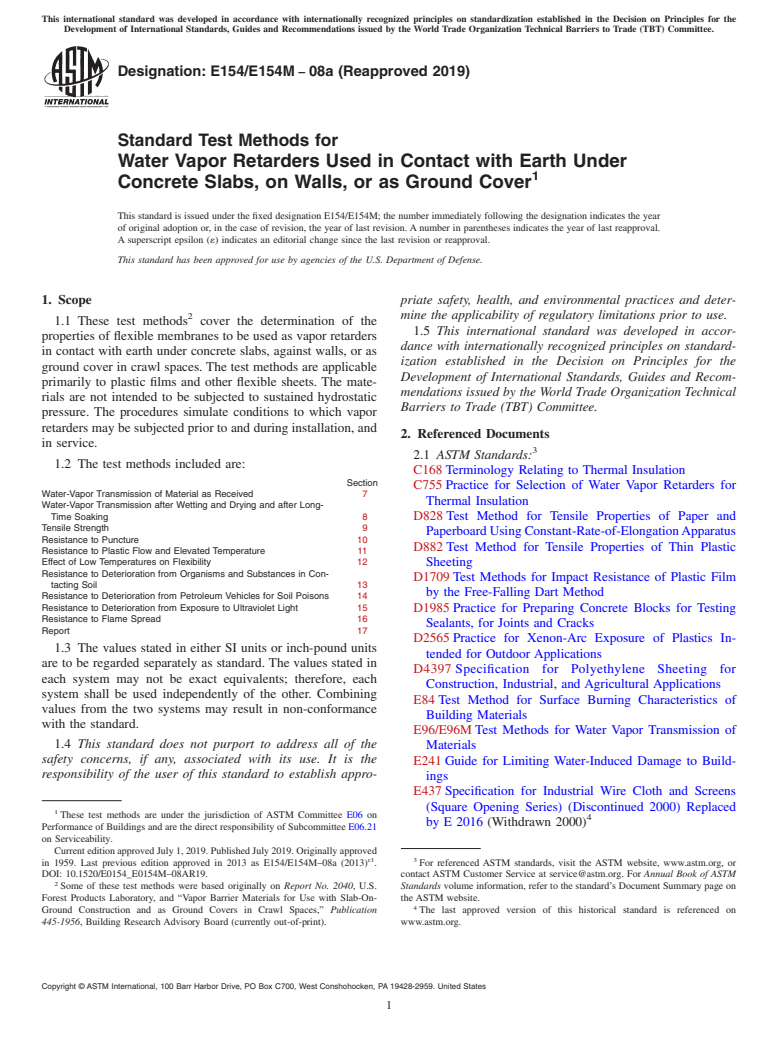 ASTM E154/E154M-08a(2019) - Standard Test Methods for Water Vapor Retarders Used in Contact with Earth Under Concrete  Slabs, on Walls, or as Ground Cover