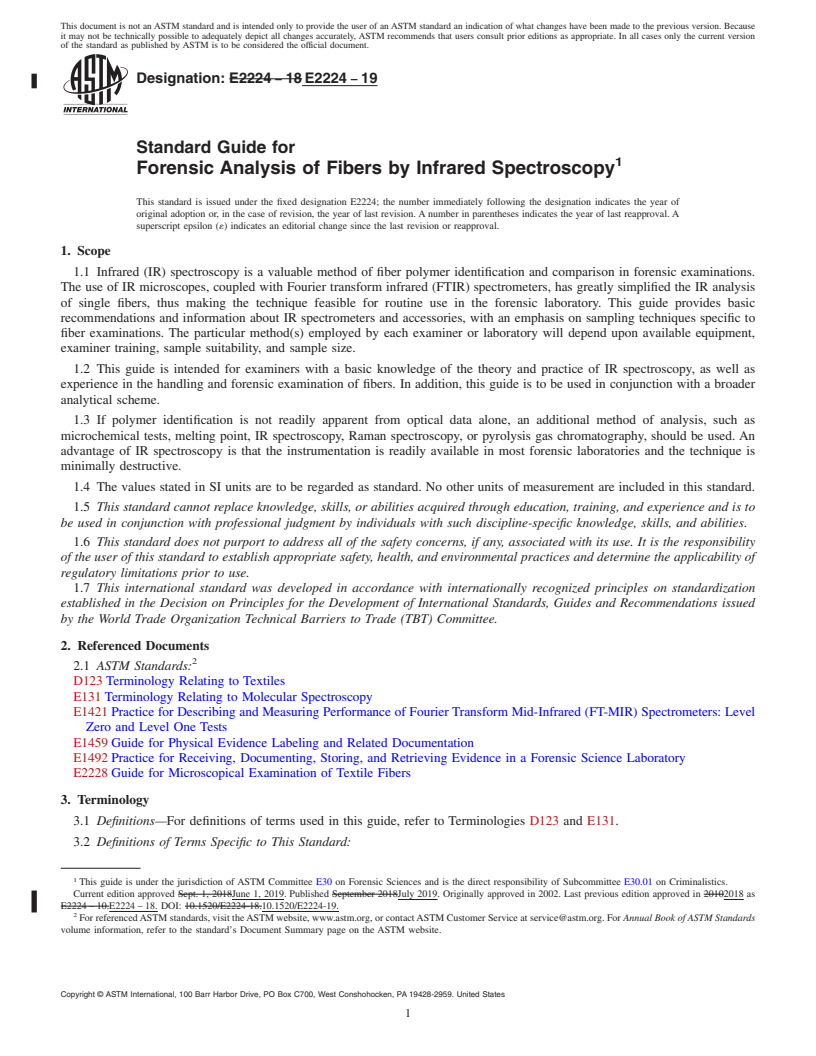 REDLINE ASTM E2224-19 - Standard Guide for  Forensic Analysis of Fibers by Infrared Spectroscopy