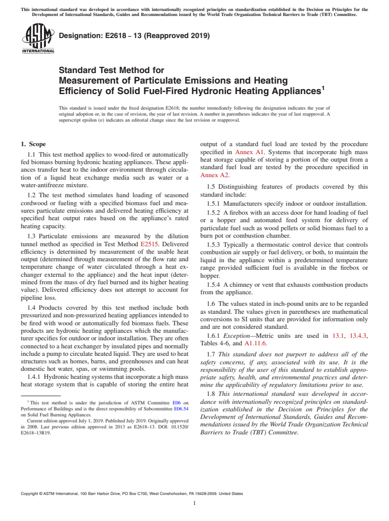 ASTM E2618-13(2019) - Standard Test Method for Measurement of Particulate Emissions and Heating Efficiency  of Solid Fuel-Fired Hydronic Heating Appliances