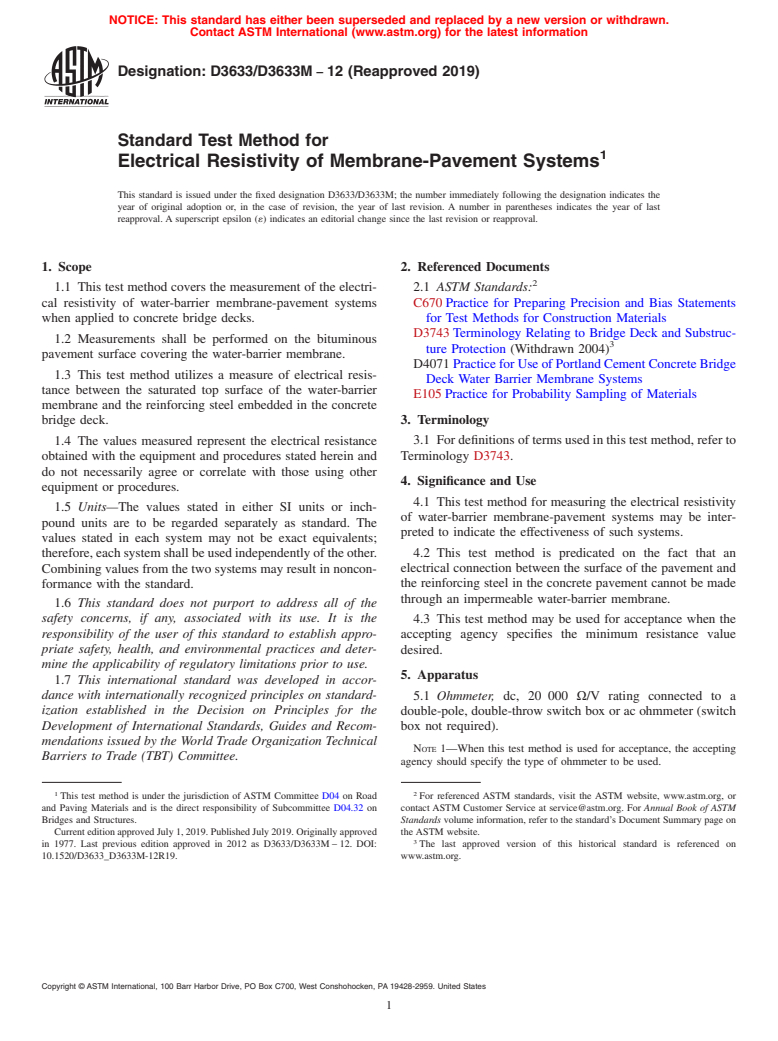 ASTM D3633/D3633M-12(2019) - Standard Test Method for Electrical Resistivity of Membrane-Pavement Systems